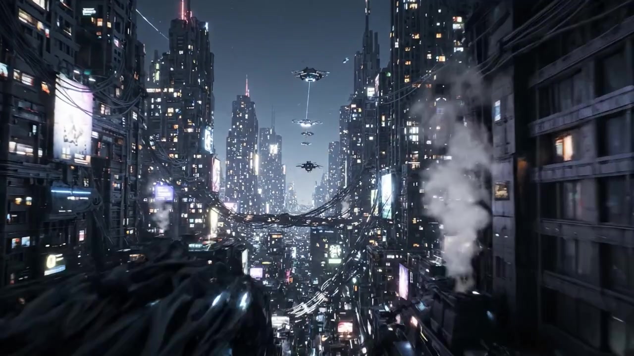 Una Visione Mozzafiato di un Paesaggio Urbano Futuristico, che Mostra Grattacieli Imponenti, Luci al Neon e Tecnologie Sospese, Dove la Vita Urbana Incontra la Robotica Avanzata