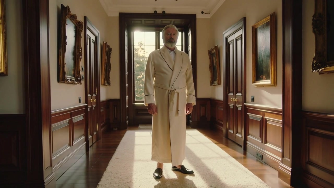 Uomo in piedi con veste beige in una sala rivestita in legno mentre la telecamera si allontana rivelando ritratti, luce dalla finestra