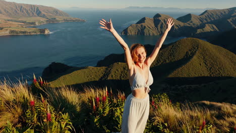 happy woman enjoying a scenic mountain view