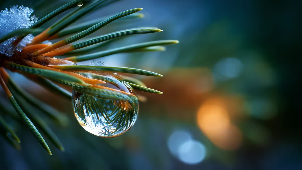 A mesmerizing close-up of pine needles adorned with a crystal-clear droplet reflecting the surrounding nature, capturing the essence of winter's beauty in vibrant detail and natural harmony