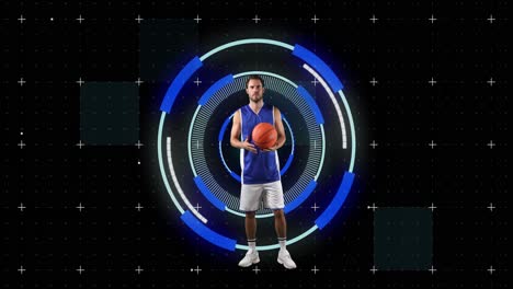 animation of caucasian male basketball player over scope scanning on black background