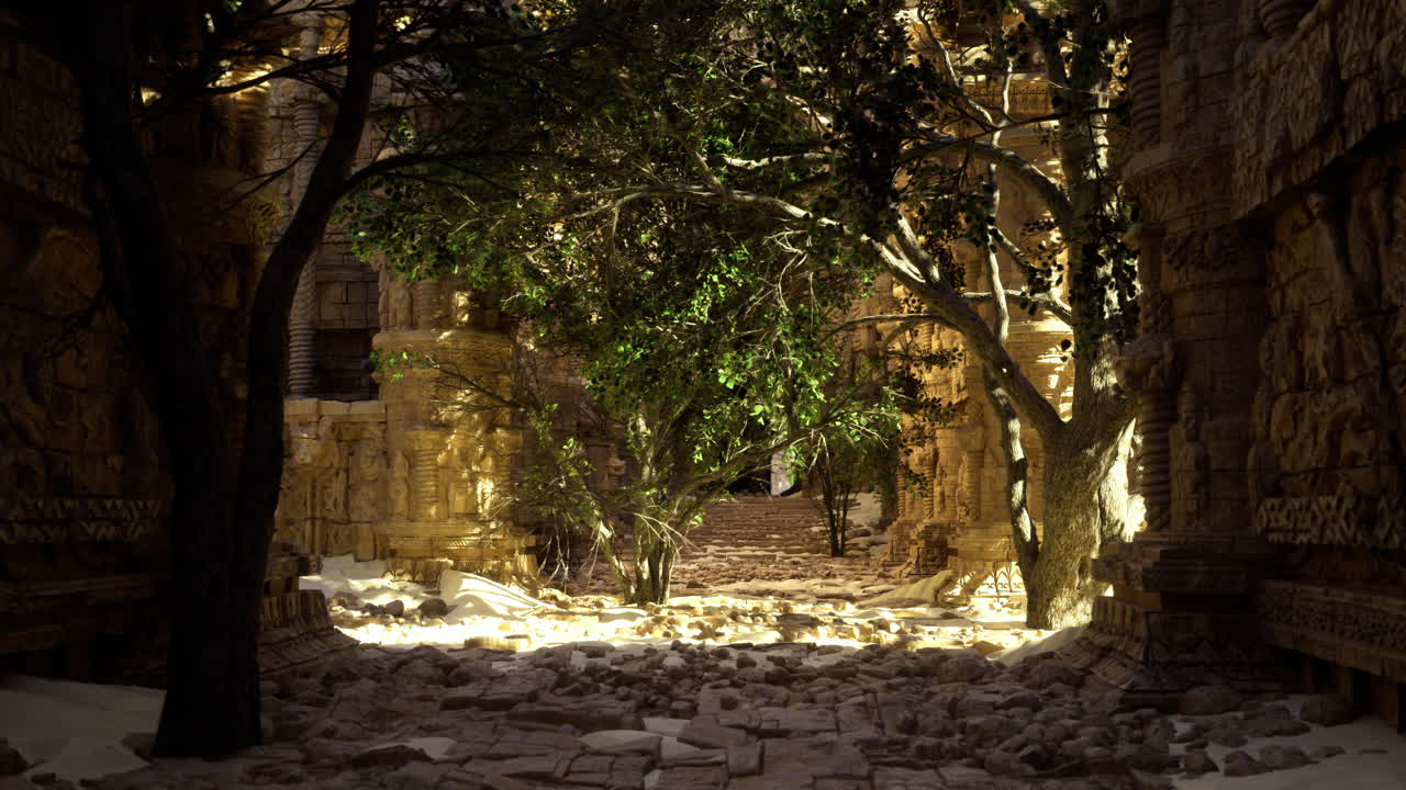 Ancient ruins bathed in sunlight with lush greenery and visible carvings