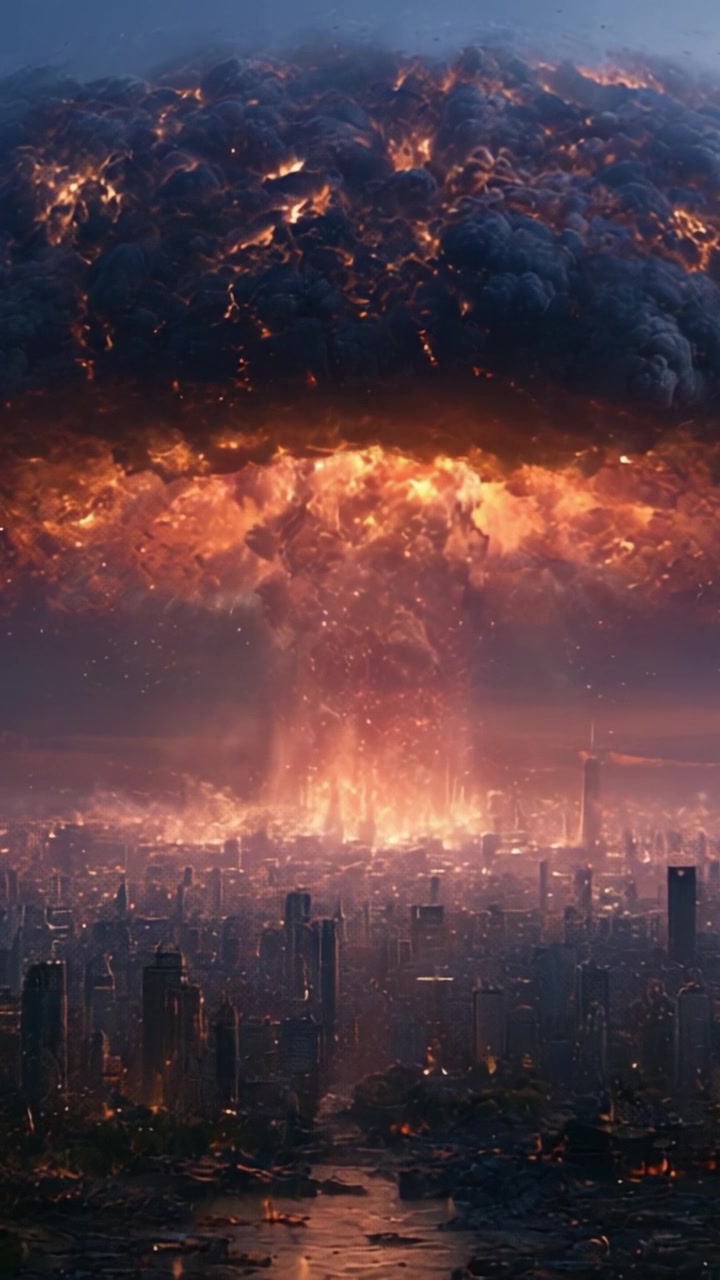 Uma Catástrofe Impressionante: Uma Imagem Cinematográfica de uma Nuvem em Forma de Cogumelo Devastadora Erompendo Sobre uma Paisagem Urbana, Capturando o Caos e a Energia de um Evento Apocalíptico