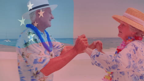 dancing elderly couple in hawaiian shirts over animation of samoa flag