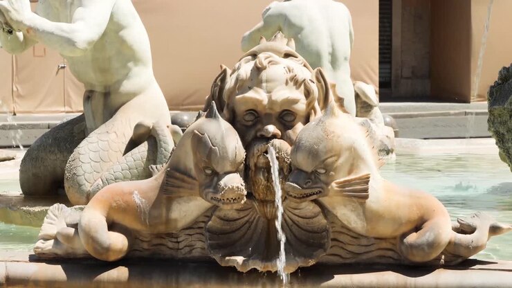 Dettaglio dei draghi e delle maschere della Fontana del Moro, Piazza Navona a Roma, Italia