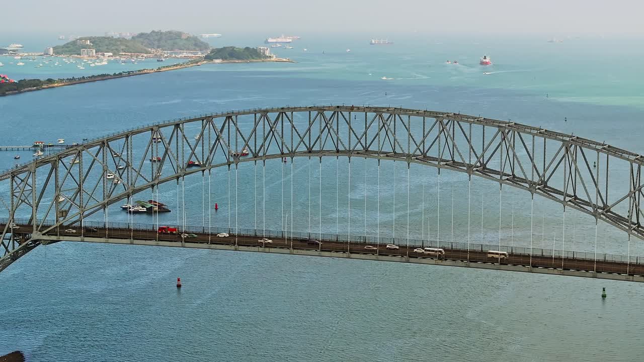 Aerial view of Panama canal first bridge towards the Pacific ocean