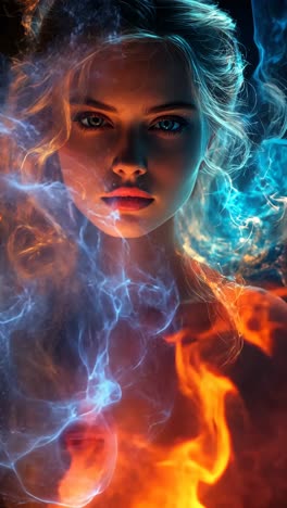 portrait of a young woman surrounded by vibrant flames and smoke