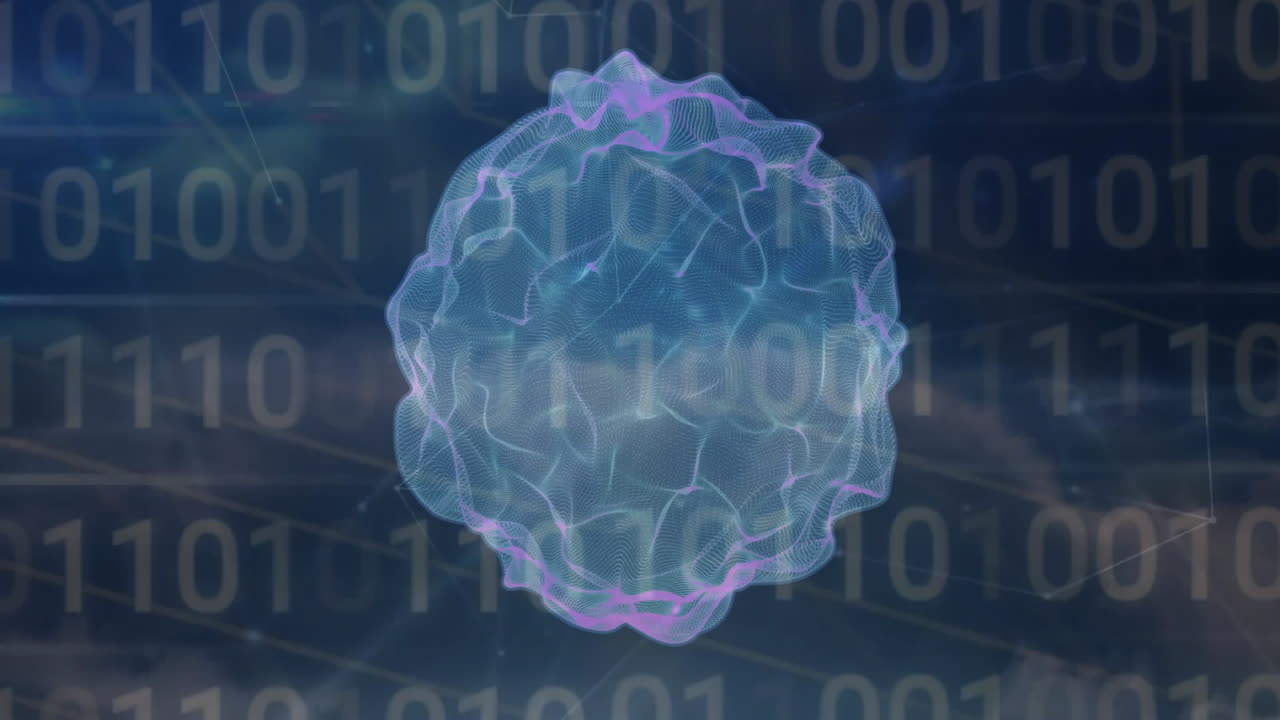 Digital binary coding animation over abstract 3D shape on dark background