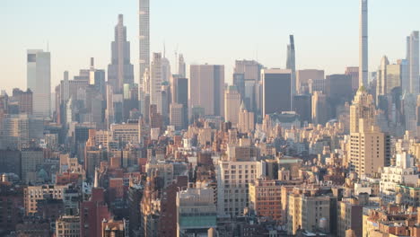 aerial view of new york city at sunrise. shot on manhattan’s upper east side looking south towards midtown.
