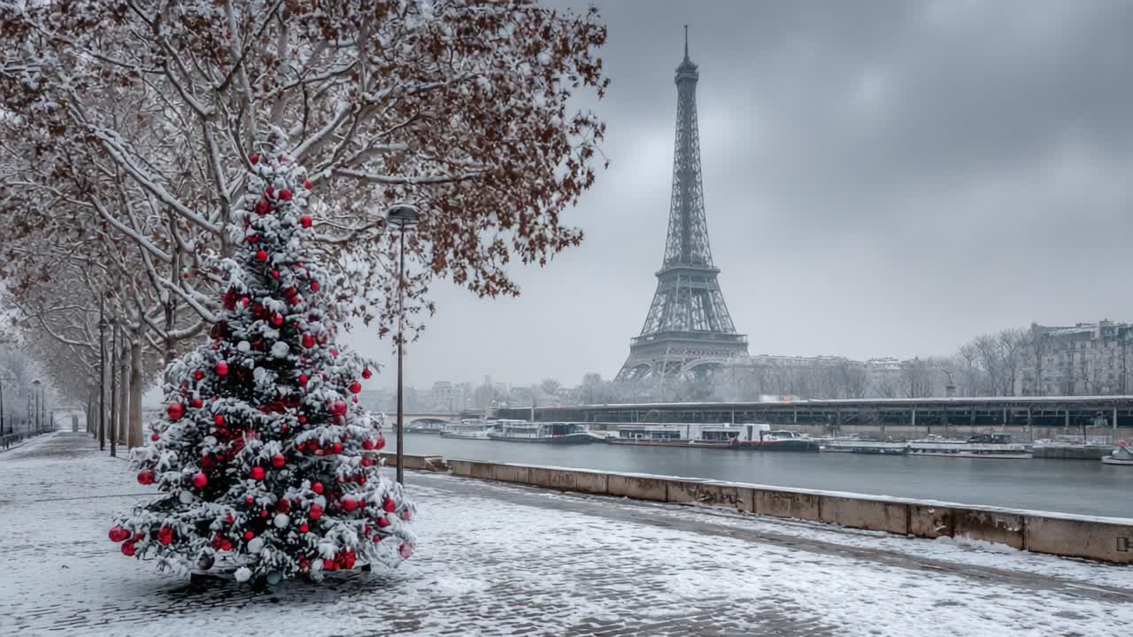 Un paese delle meraviglie invernale alla Torre Eiffel: strade innevate e decorazioni festive catturate in incantevoli immagini di allegria natalizia e bellezza scenica