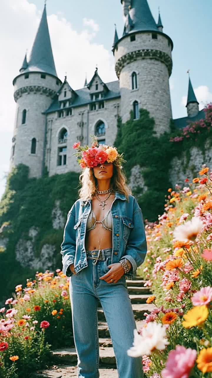 Donna alla moda in un giardino di castello