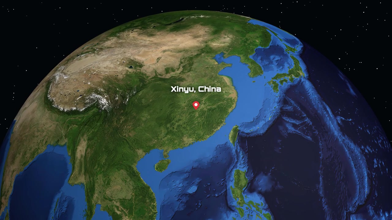 深宇宙から中国の新余にある特定の場所マーカーへズームインする衛星からの視点。
