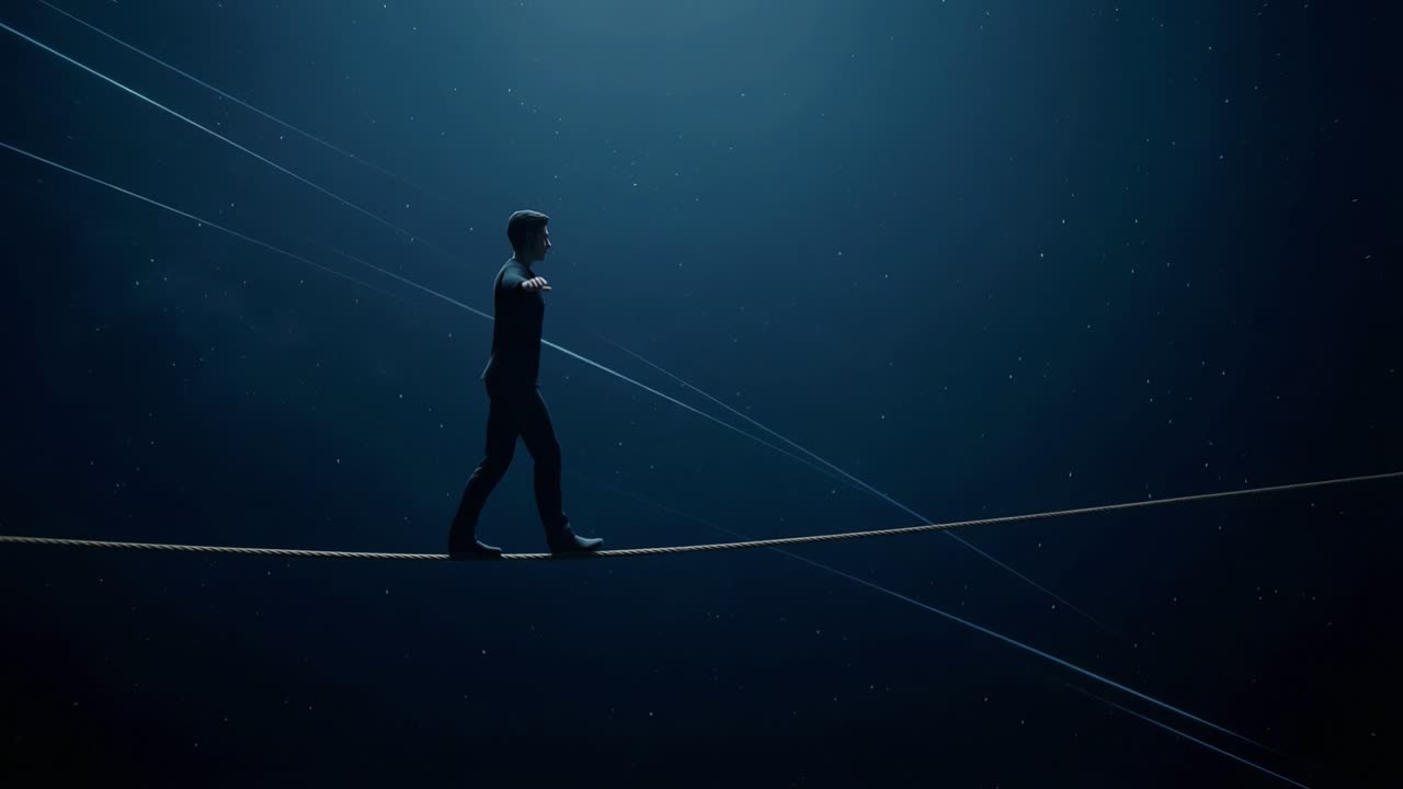 Businessman walking on a tightrope in a dark environment