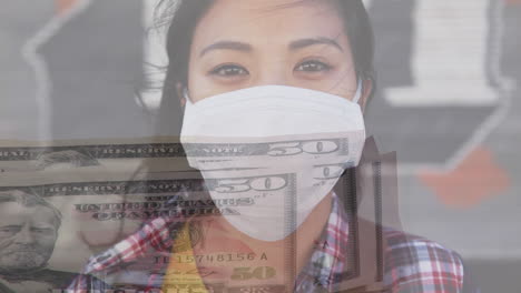 digital composite video of person counting american dollar bills against woman wearing face mask