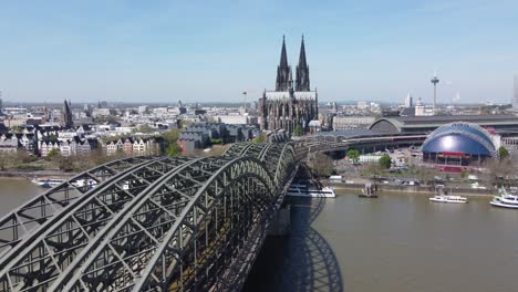 panoramic aerial of cologne city landmarks with cathedral and hohenzollern bridge