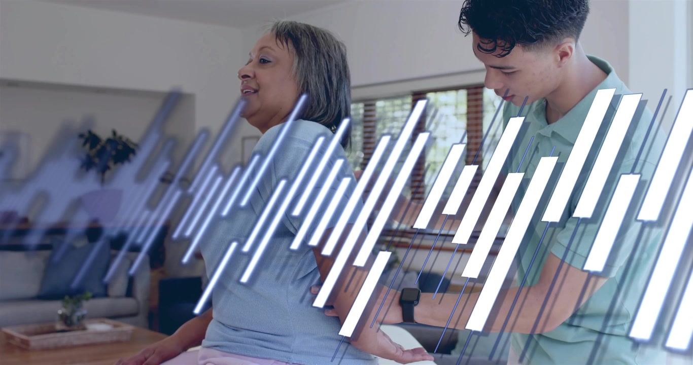 Therapist placing hands triggers animated bars while guiding senior woman in back extension therapy