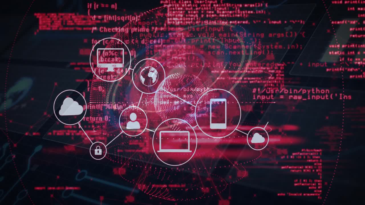 Network icons being animated in 3D connecting around wireframe globe over dark security backdrop