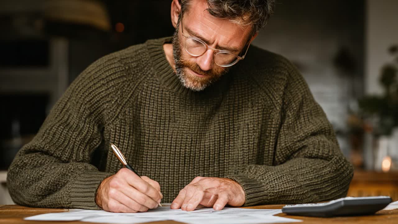 Persona concentrada, dedicada a escribir y hacer cálculos con seriedad, demostrando concentración y atención mientras completa tareas importantes en casa