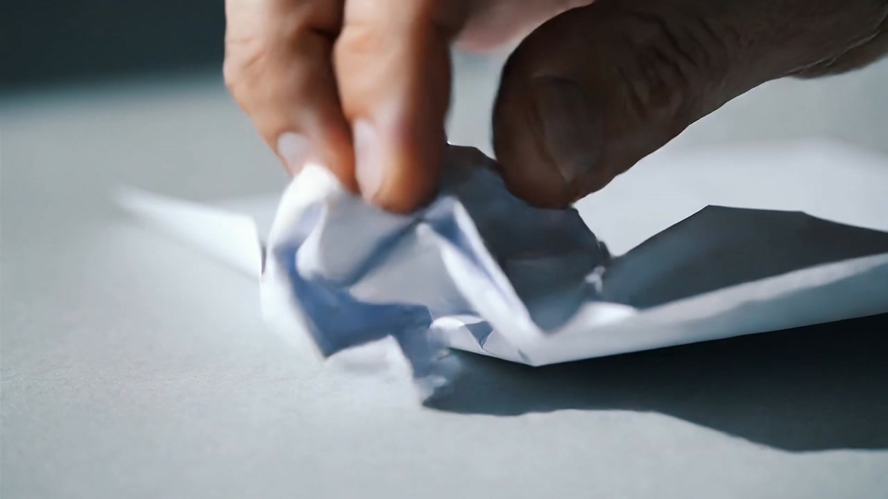 Gripping male hand crumpling white paper on grey tabletop, adjusting shape and pressing creases