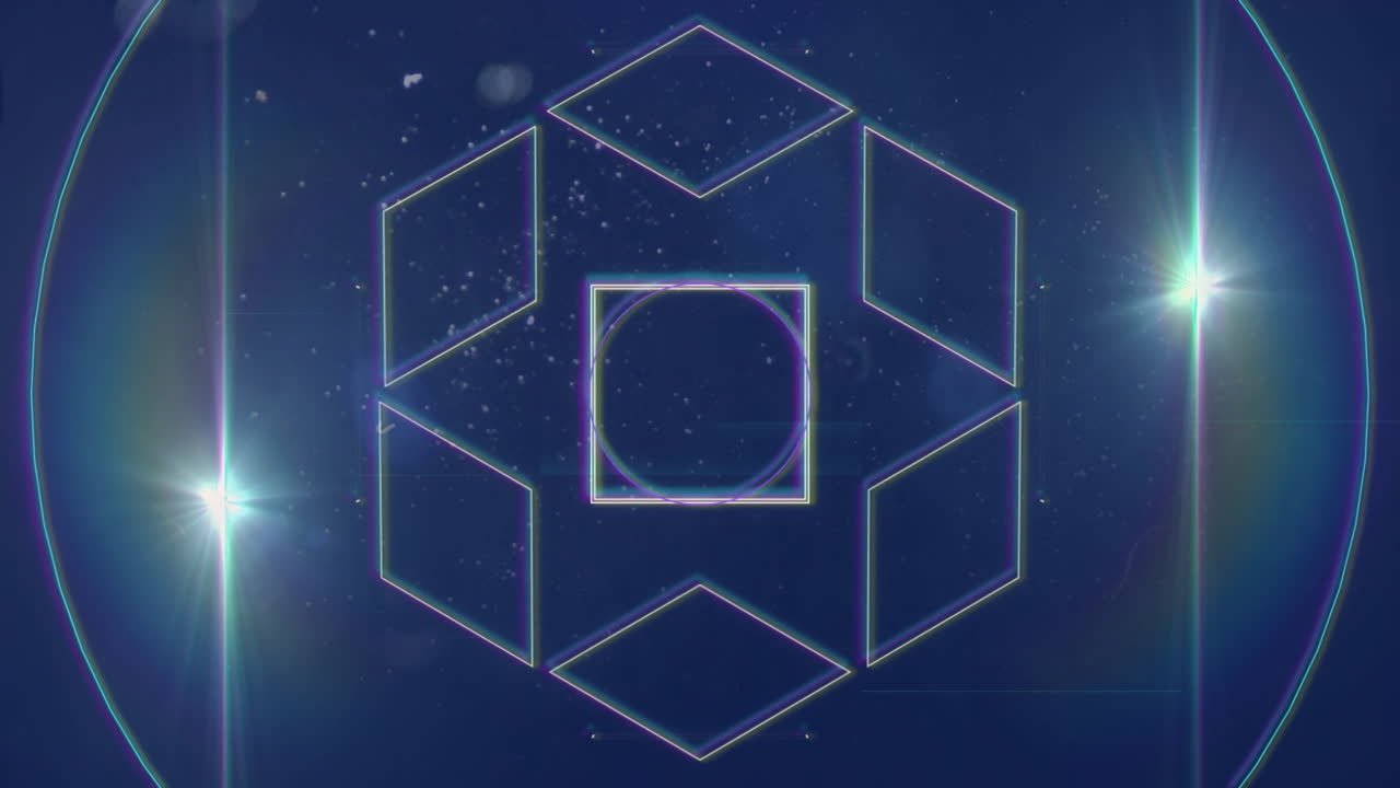 Rotating sphere of geometric shapes over starry background in animation