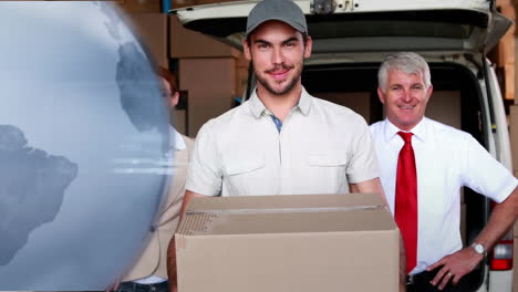 animation of globe of connections over delivery man with cardboard box