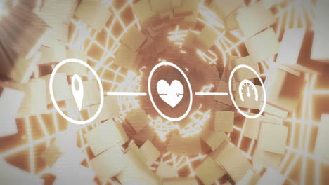 heart rate and health monitoring icons over abstract geometric tunnel animation