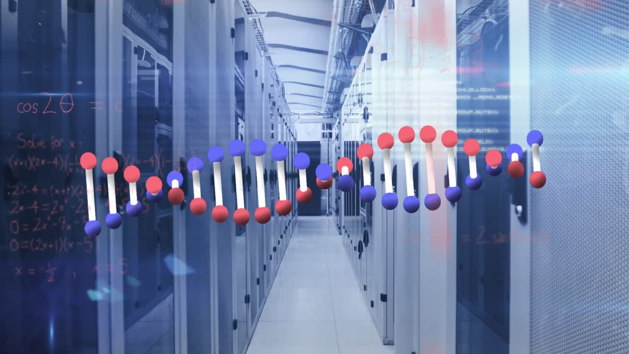animación del procesamiento de datos y la cadena de adn sobre la sala del servidor