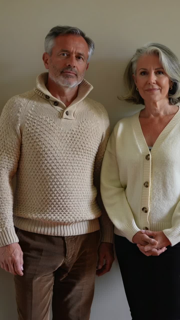 Vídeo vertical: câmera gravando, casal se abraçando em casa, suéter de tricô, casaco de lã, mulher sorrindo