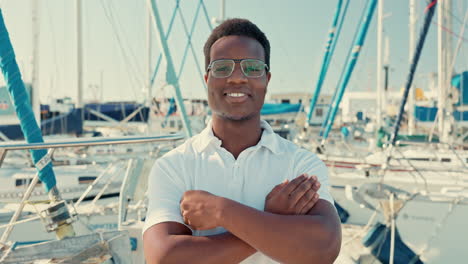 ocean, travel and face of happy man on boat