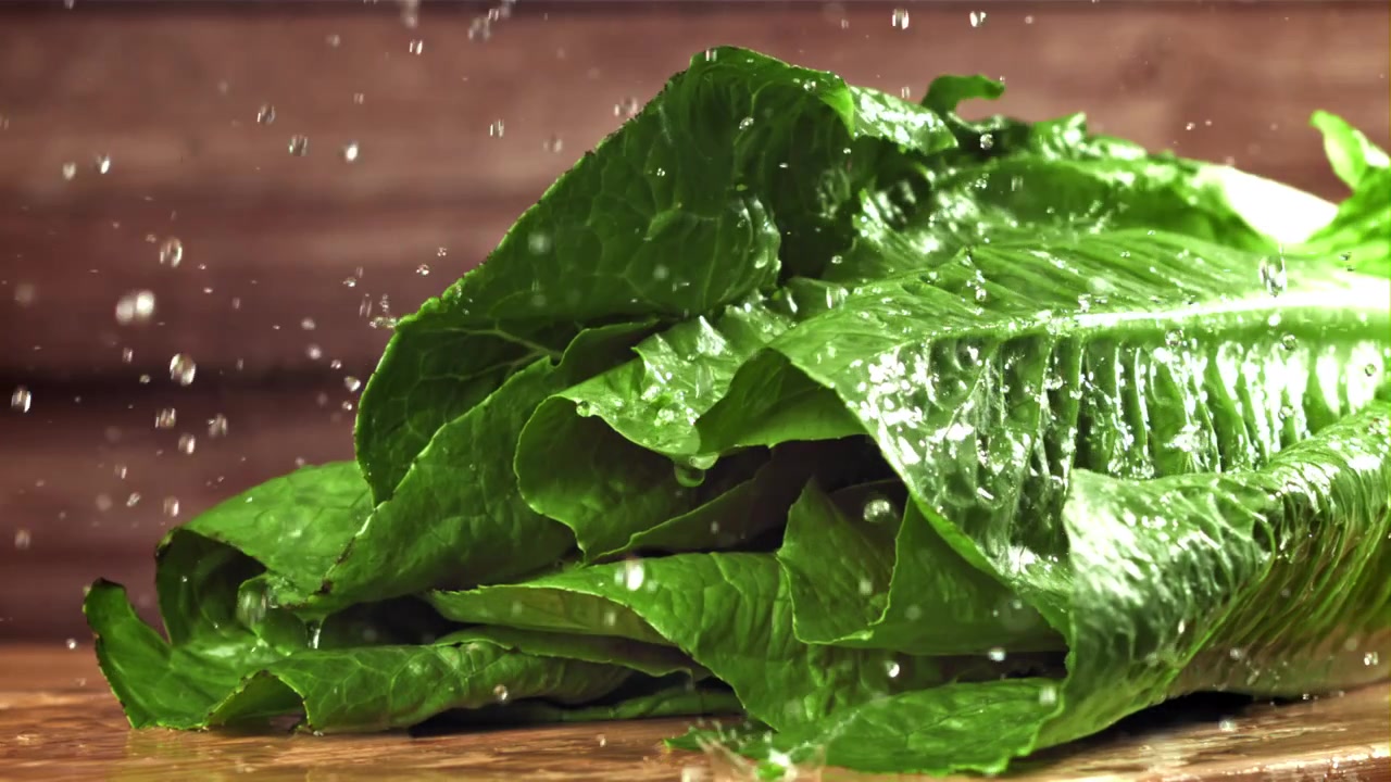 Acqua che schizza su lattuga romana verde fresca al rallentatore