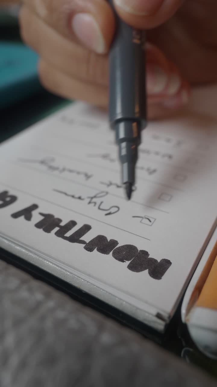 Primo piano di una mano che spunta un'attività mensile su un'agenda.