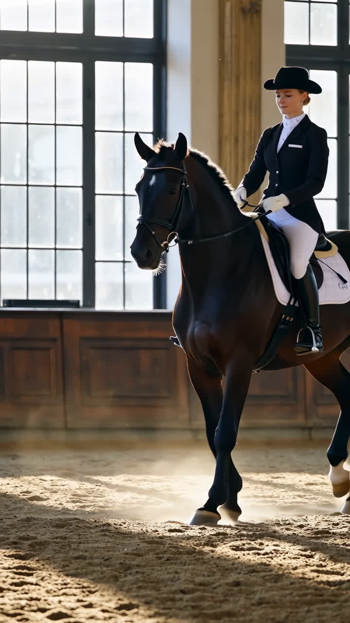 Woman riding a horse in a dressage arena during training