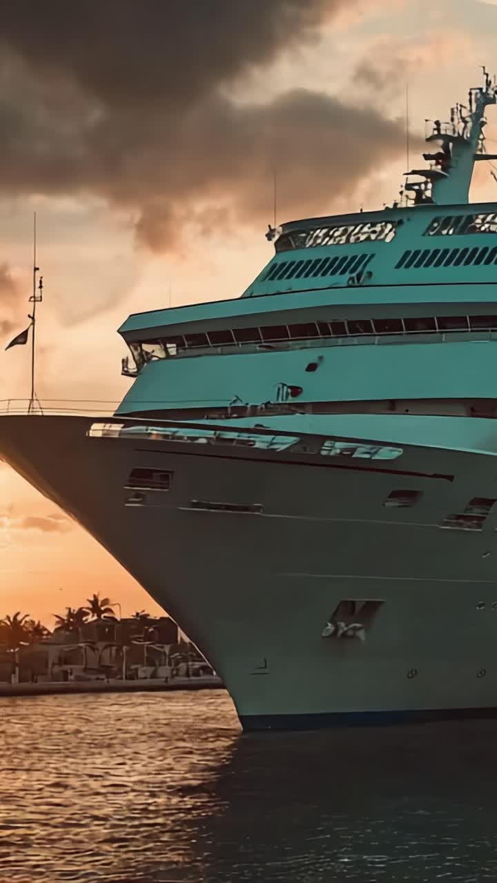 Una splendida vista al tramonto di una maestosa nave da crociera attraccata sul lungomare, che cattura la tranquillità e la bellezza dei paesaggi acquatici serali