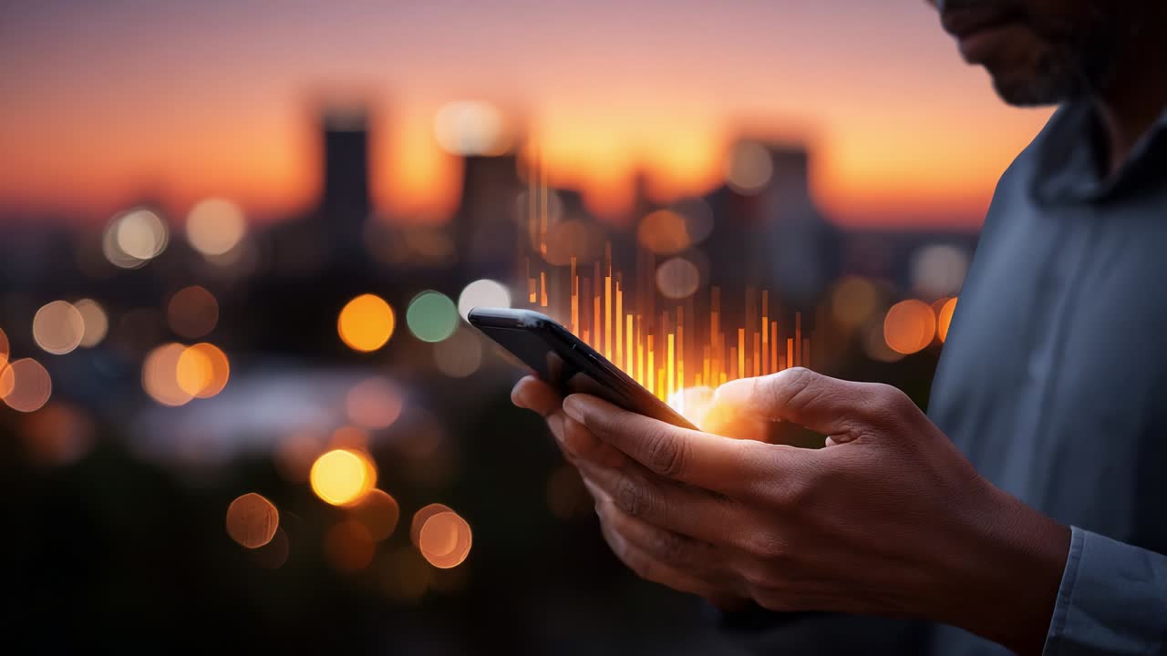 Persona che tiene in mano uno smartphone con visualizzazione di onde sonore e crescita del segnale su uno sfondo urbano al tramonto, a dimostrazione della connettività e del trasferimento dati in un moderno ambiente cittadino