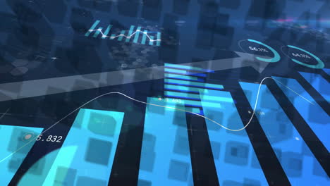 financial data and graphs animation over digital blue background with charts