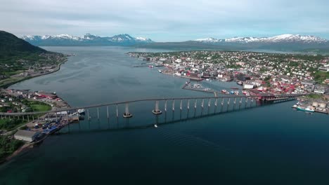 Bridge-of-city-Tromso,-Norway-Aerial-footage