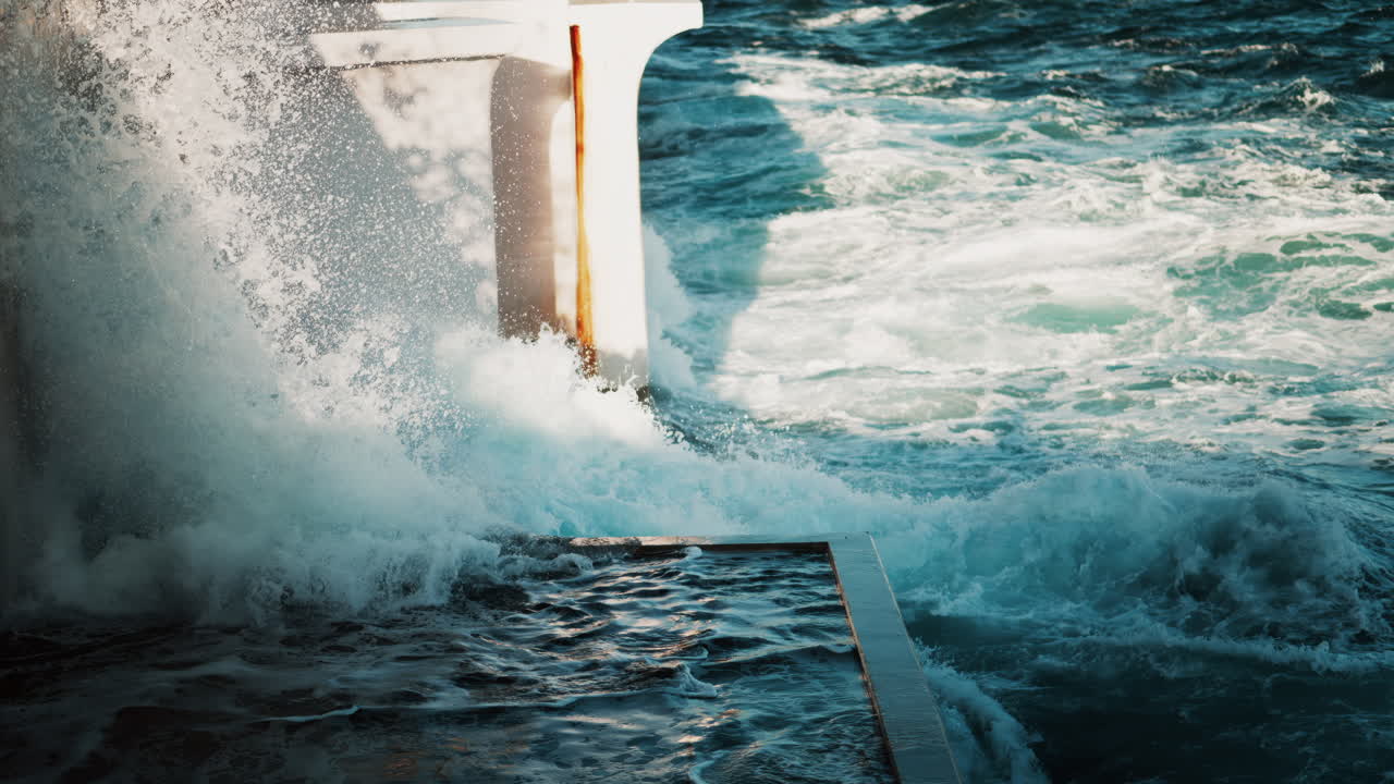 The waves of the sea hitting a wall in daylight