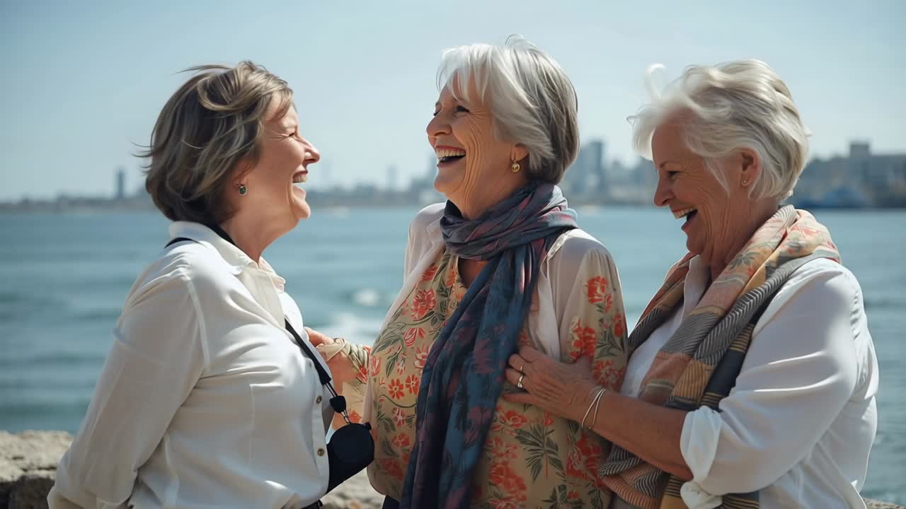 Laughing over joke three senior women linking arms, leaning in on shore, with camera strap, scarves
