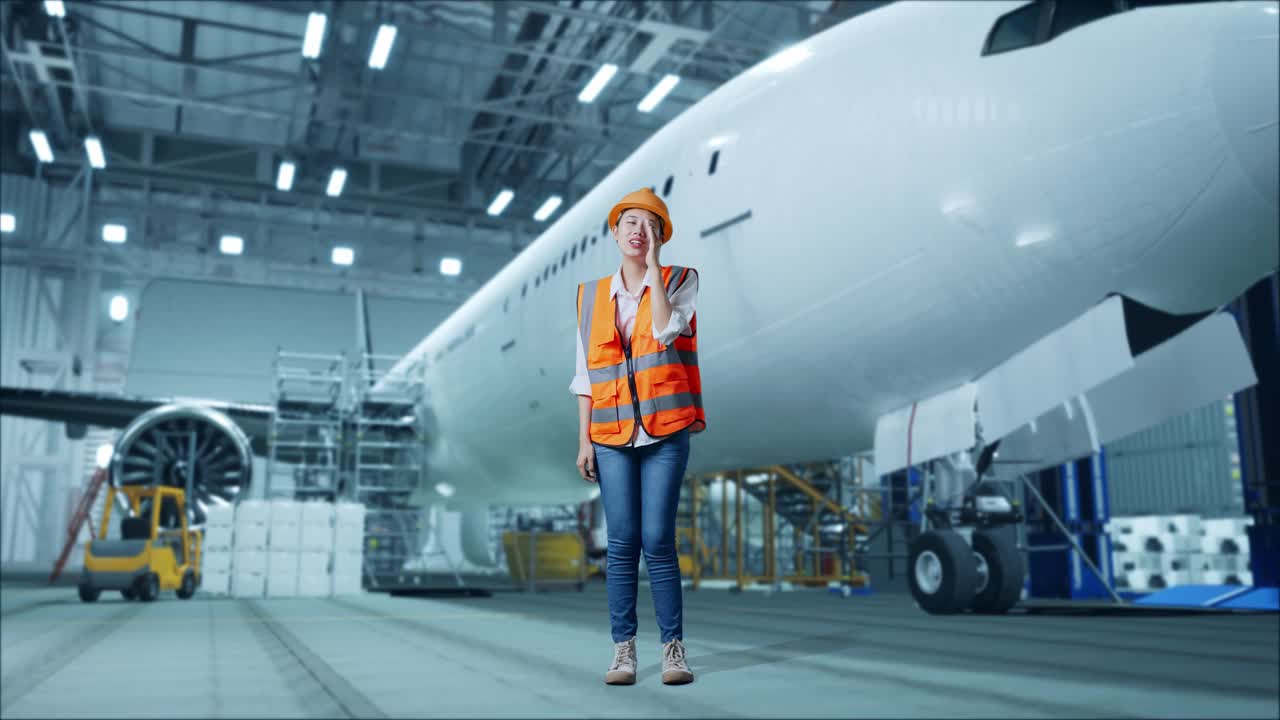 mujer ingeniera en el hangar de aviación