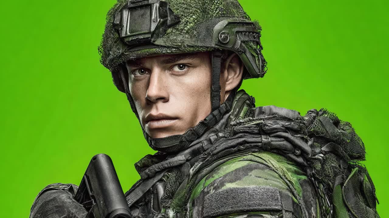 Un Soldato Concentrato in Equipaggiamento Tattico si Erge Fiducioso su uno Sfondo Verde Vivace, Mettendo in Mostra la Forza e la Determinazione del Personale Militare Moderno.