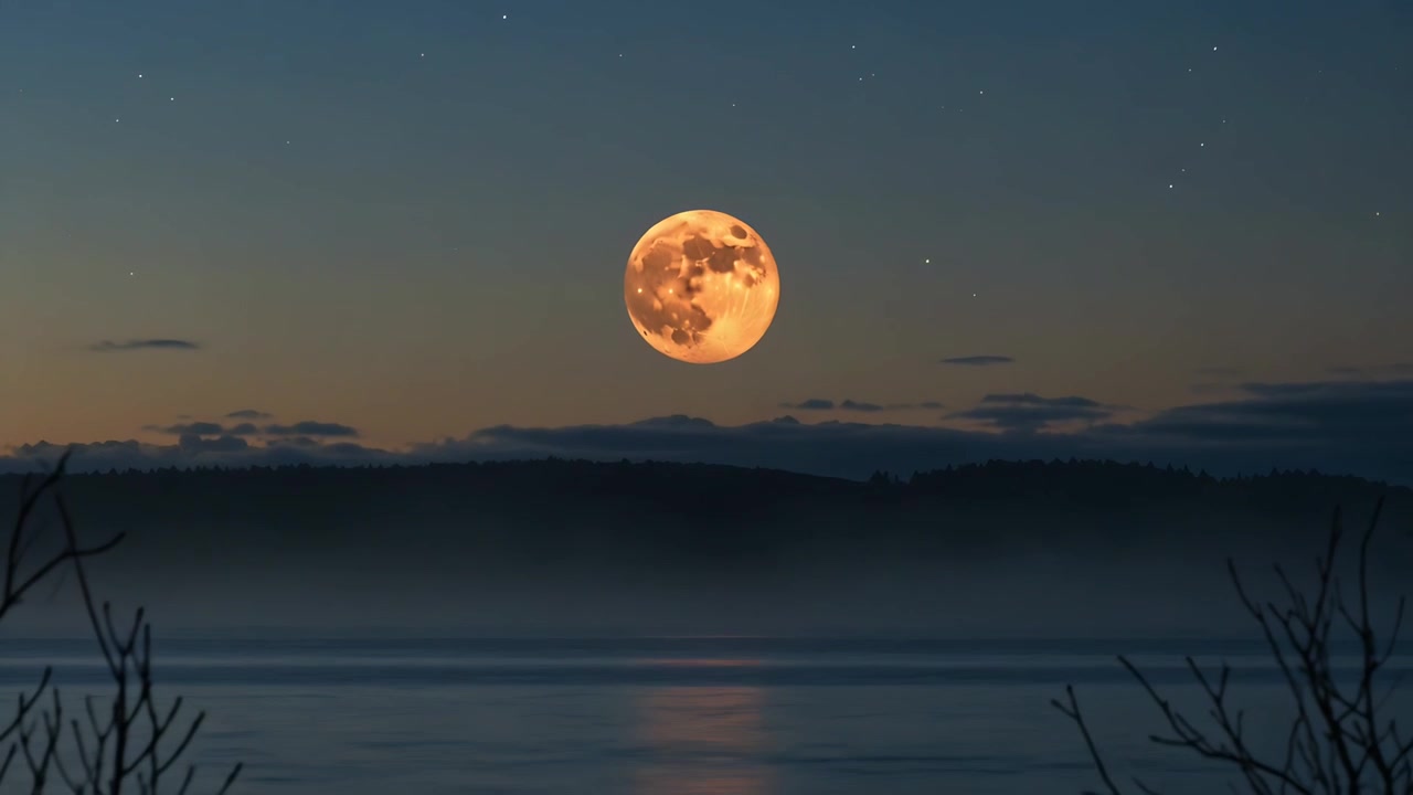 Lua Cheia Laranja Deslizando Acima do Cume na Margem do Lago Durante o Nascer da Lua, Refletindo na Água