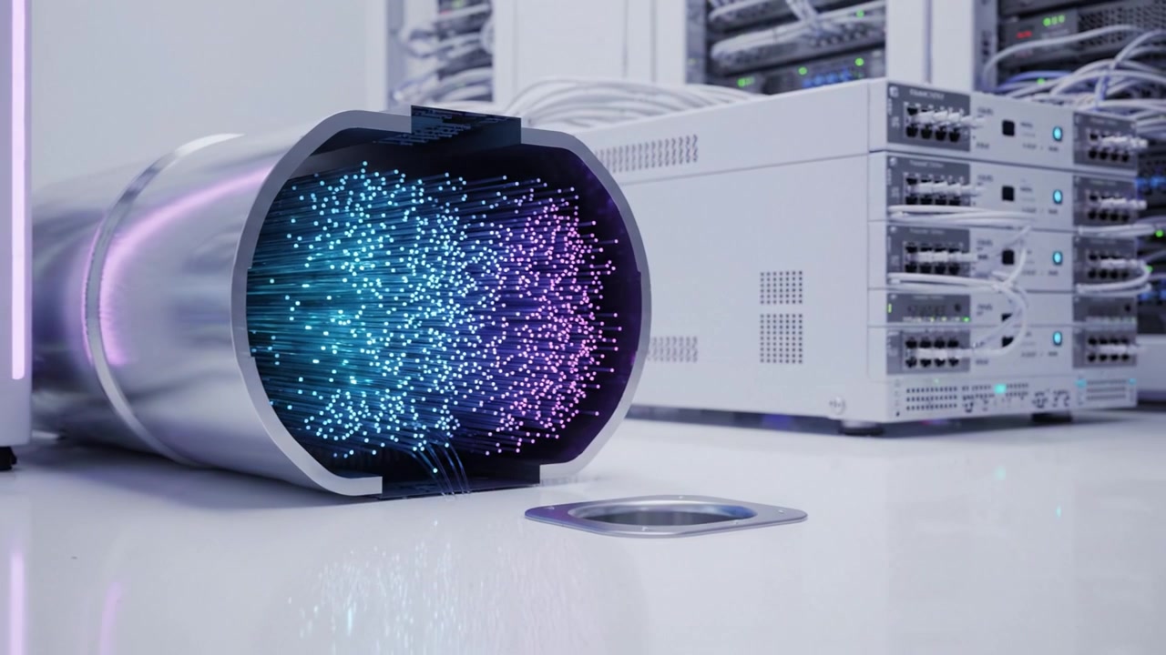 Futuristic data flow through advanced servers showcasing illuminated cables and connectivity, representing a high-tech digital infrastructure in a modern environment.