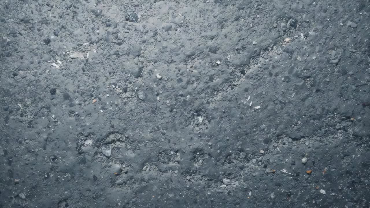 Falling raindrops striking textured pavement, darkening surface on road, revealing pebbles, debris
