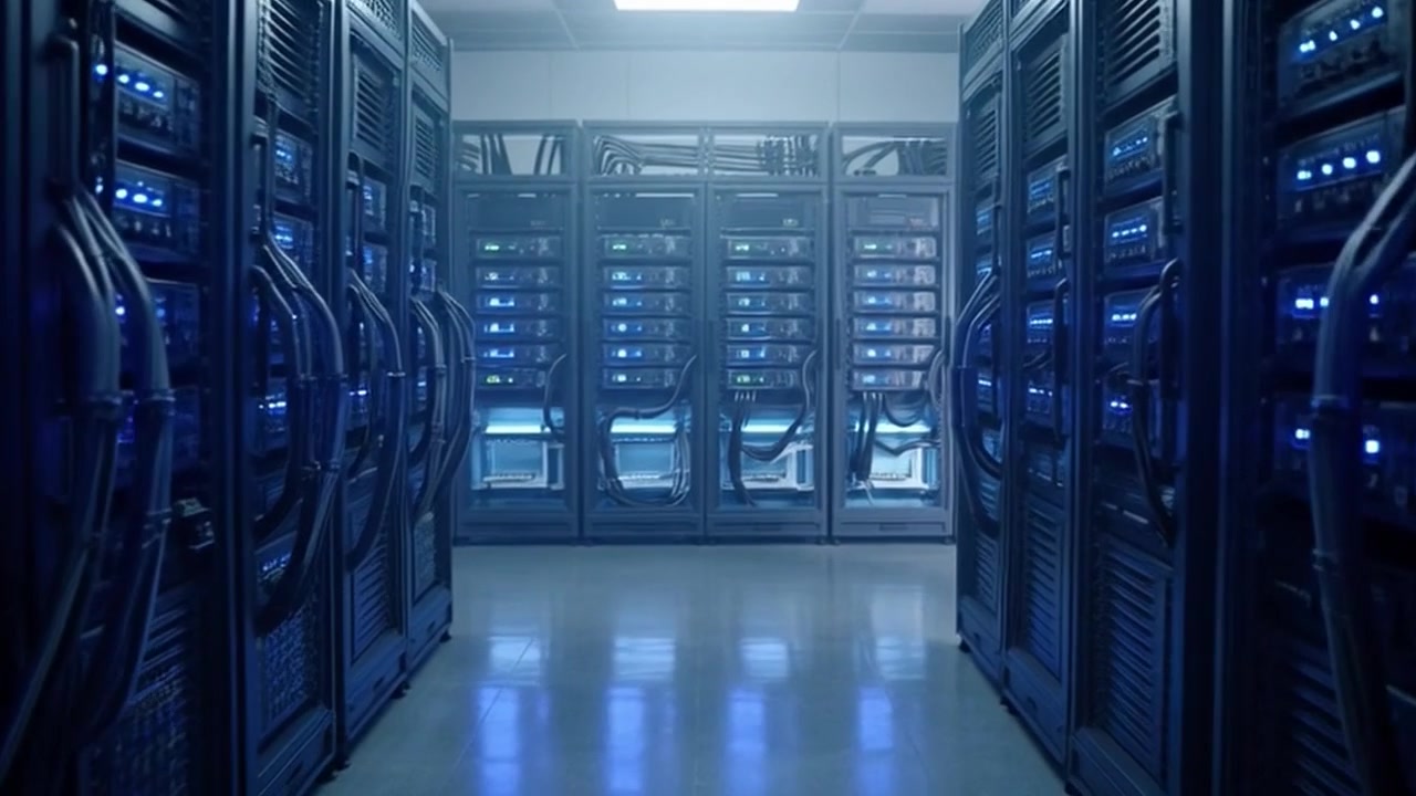 Rader med serverrack i et moderne datasenter