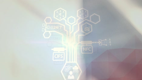 red de iconos digitales contra el almacén en el fondo