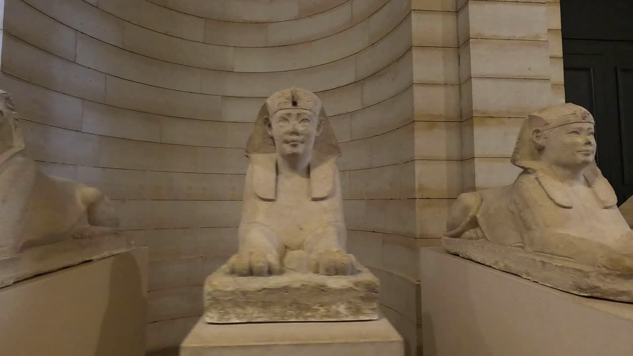 estatuas de esfinge expuestas en un pasillo del museo
