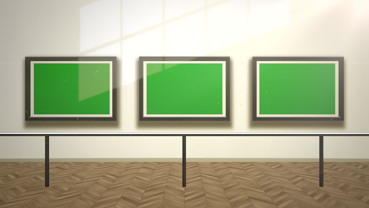 cámara de movimiento en galería de arte con imagen y marco moderno con fondo de arte de pantalla de maqueta verde 3