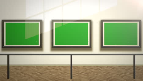 Motion-camera-in-art-gallery-with-picture-and-modern-frame-with-green-mockup-screen-art-background-3