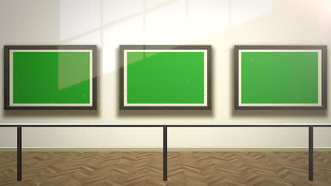 motion camera in art gallery with picture and modern frame with green mockup screen art background 3