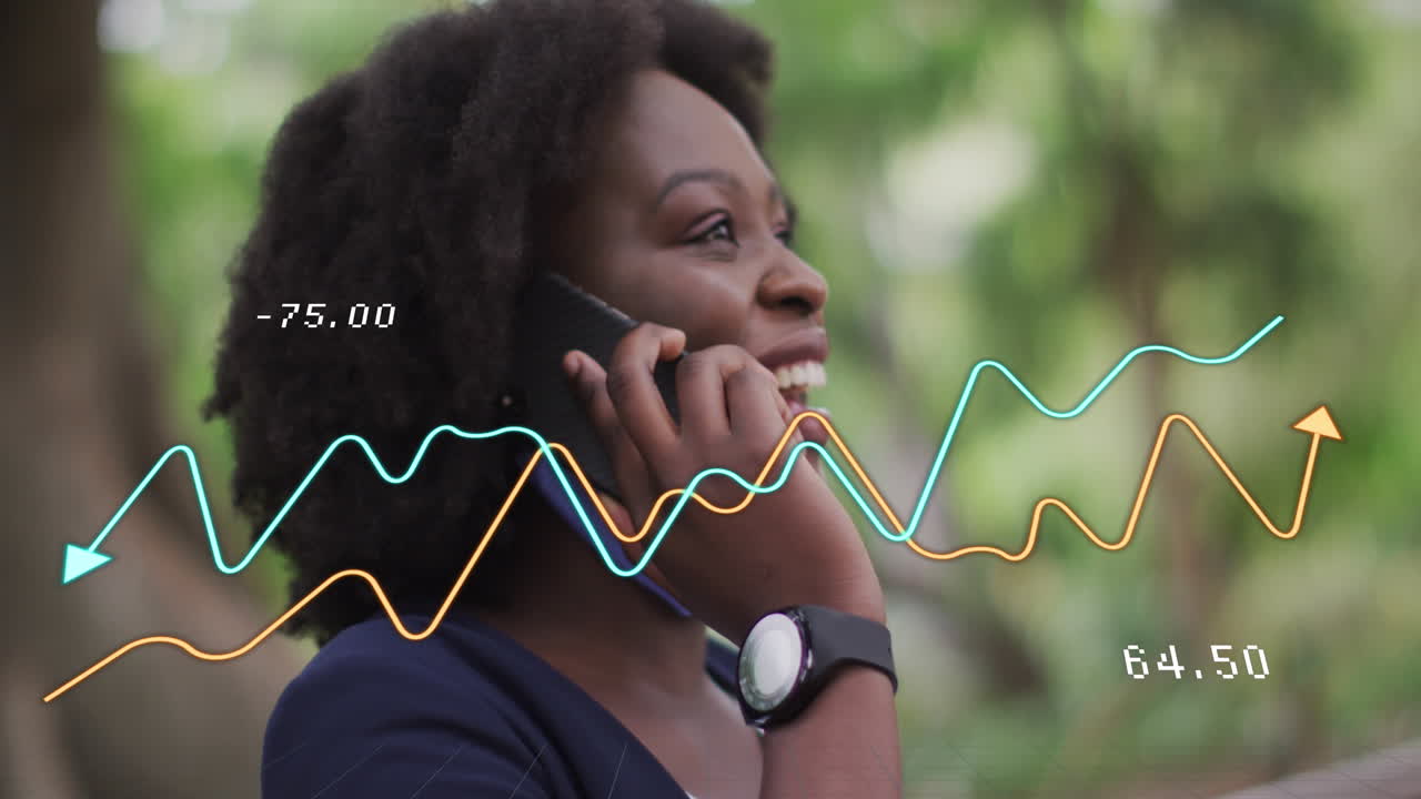 Animation of data processing over african american woman using smartphone